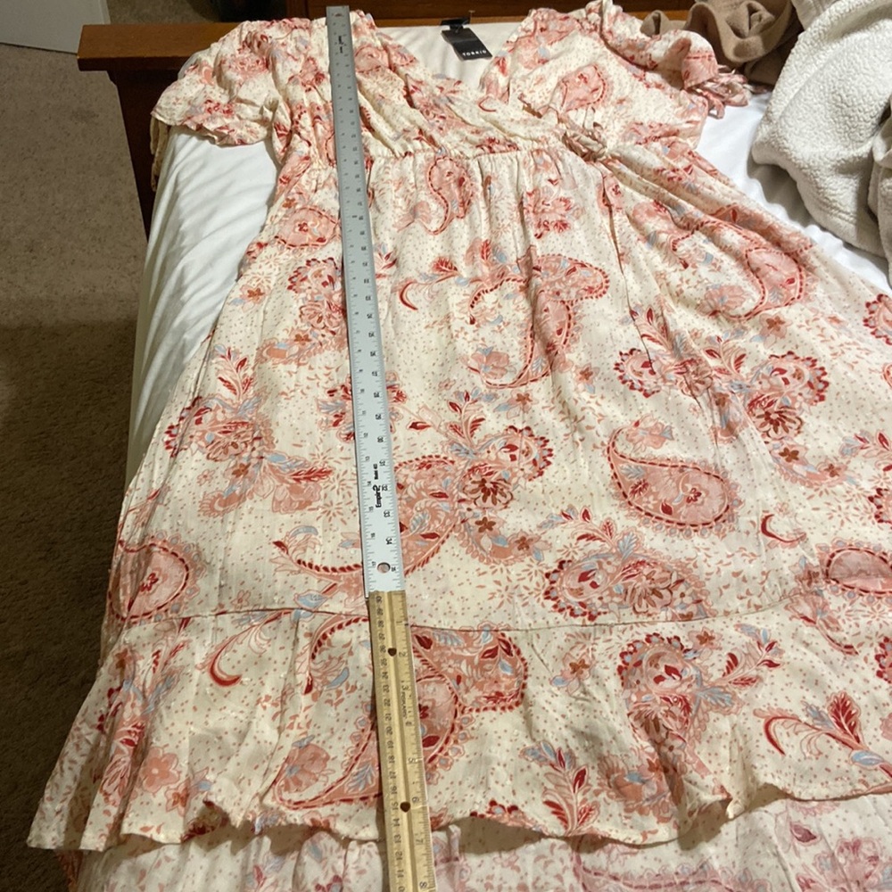 Torrid MIDI Swiss Linen Surplice Dress Paisley SZ 1 Beige Blush Pink Blue NWT - Picture 9 of 9